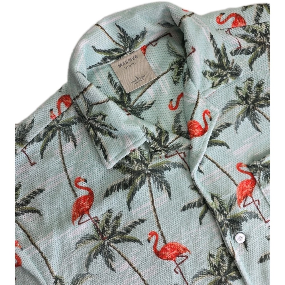 Massive Luxury Edition Chenille SS Button UP HAWAIIAN Shirt Men's L FLAMINGO NWT